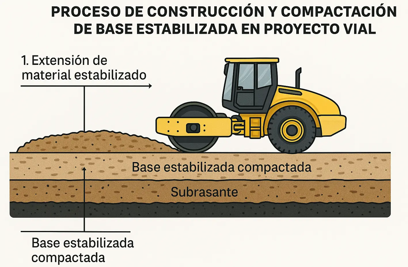 Proceso de construcción y compactación de base estabilizada en proyecto vial