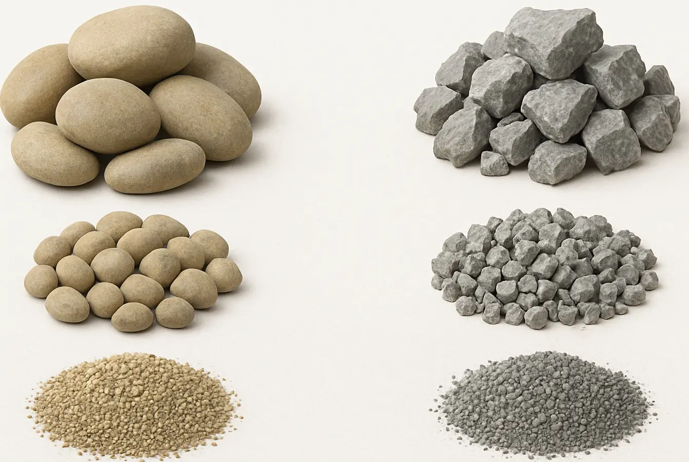 Comparativa visual entre áridos rodados y chancados de diferentes fracciones granulométricas