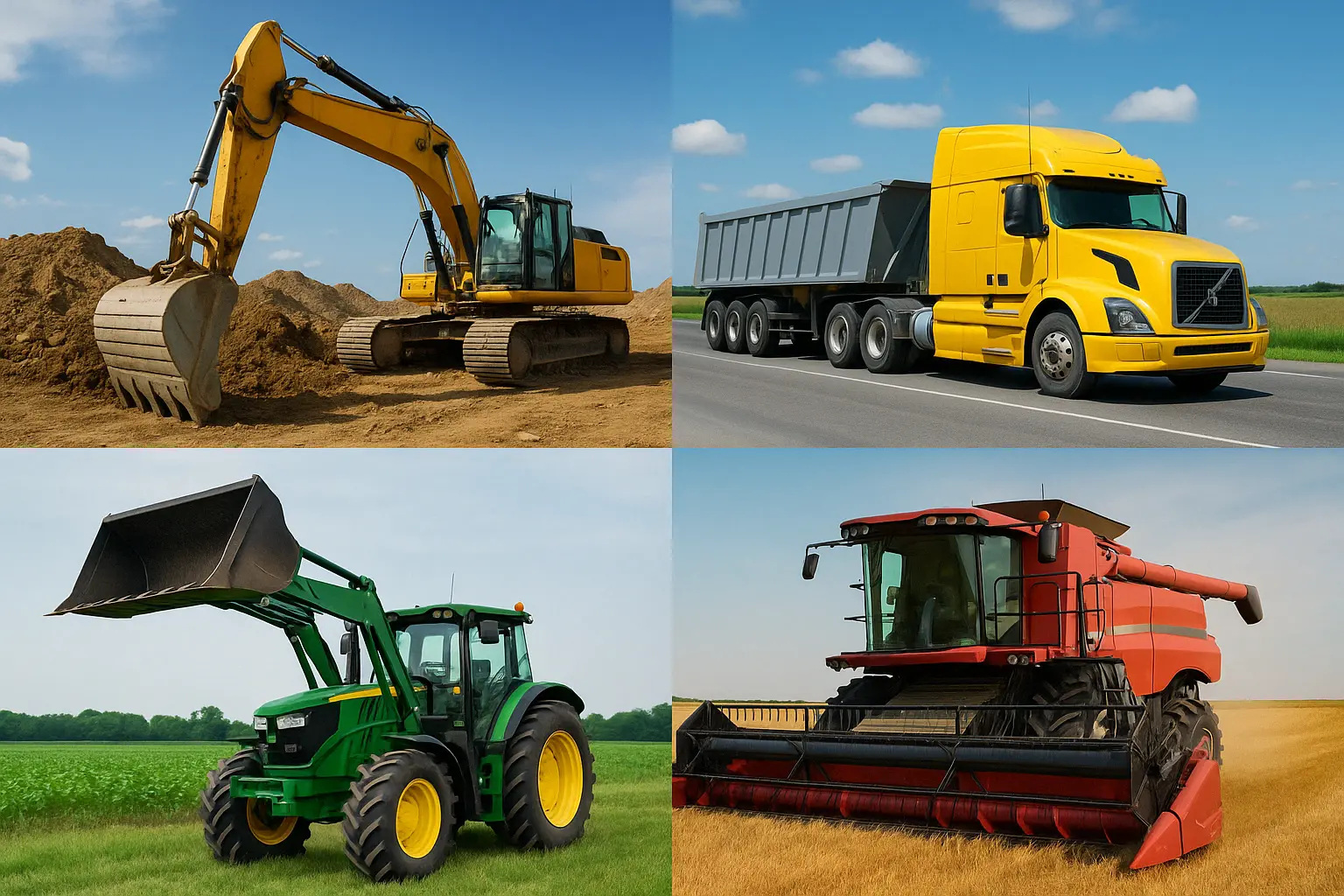 Collage de maquinaria pesada utilizada en diversos sectores como construcción, transporte y agricultura.