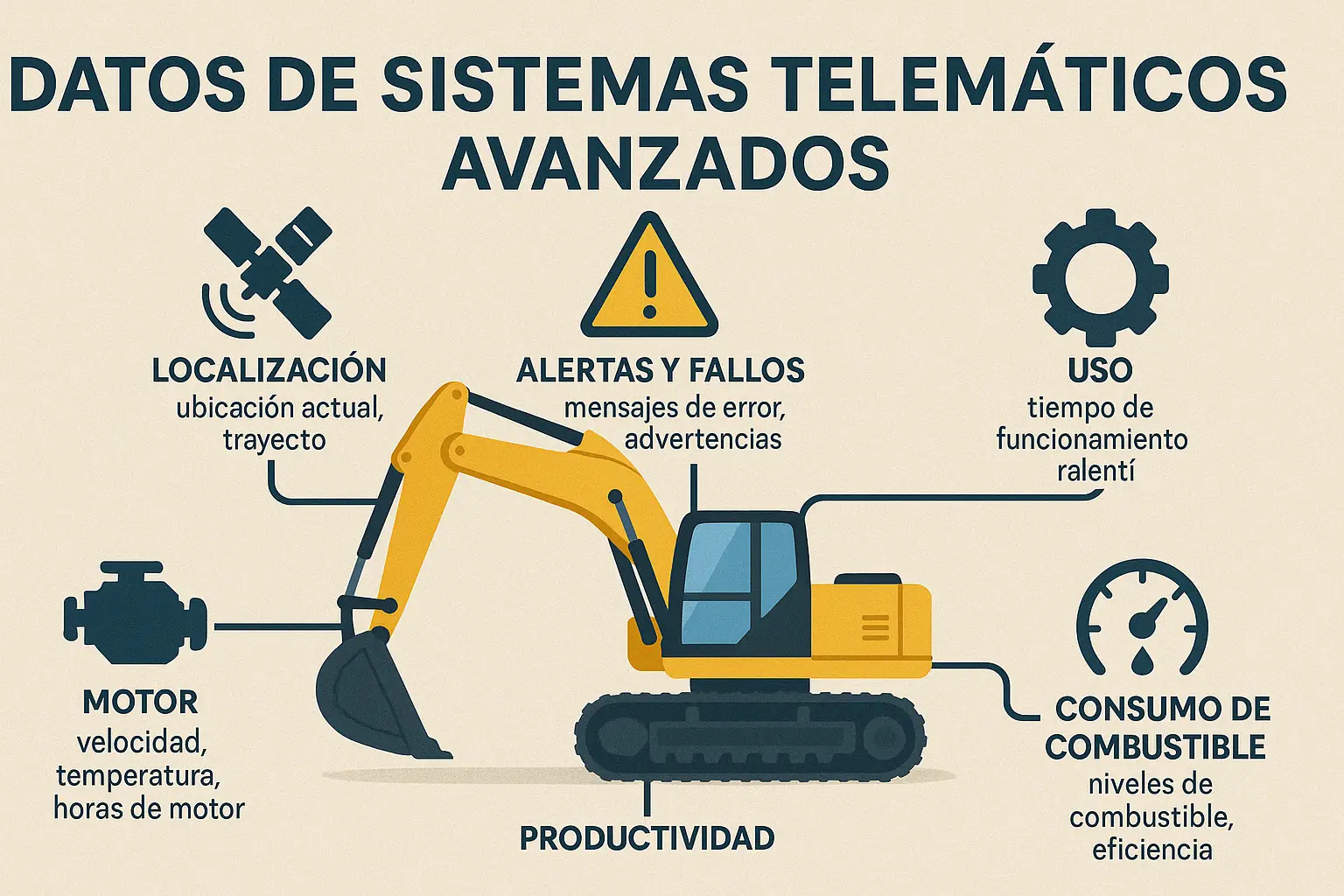 Infografía mostrando los diversos tipos de datos recopilados por sistemas telemáticos avanzados en maquinaria.